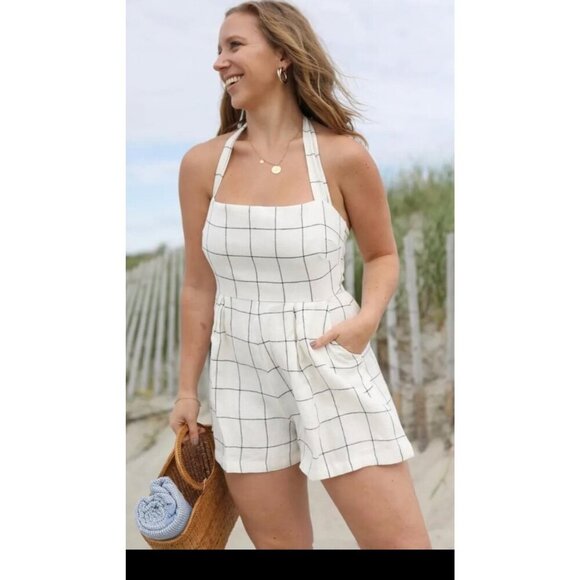 QUINN RUMER PLAYSUIT ROMPER, Plaid Halter Neck, Adjustable Tie Straps, 100% line - Picture 6 of 11